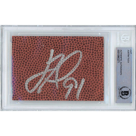 Justin Tuck Autographed Football Cut NY Giants Oakland Raiders